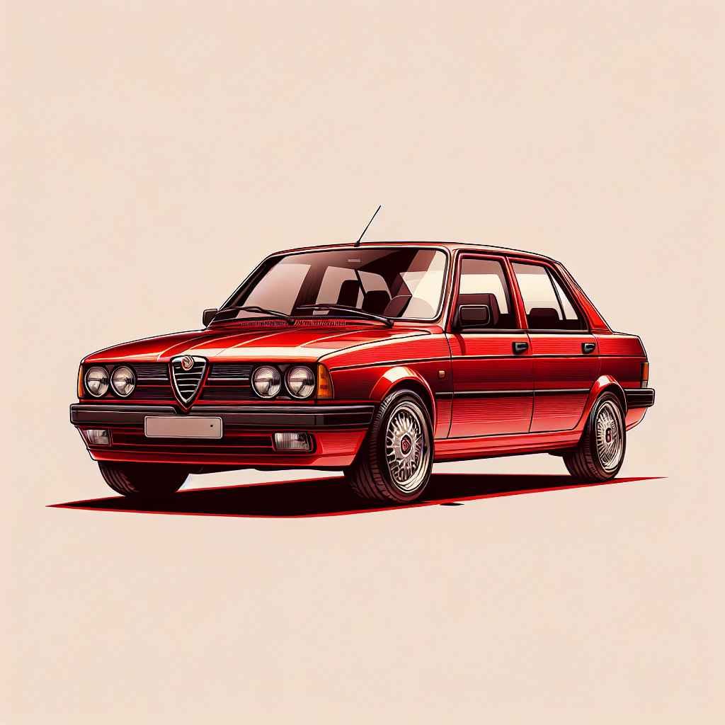 Alfa Romeo 145 parkiran, prepoznatljiva kompaktna silueta, klasični crveni lak, automobilski entuzijasti često na auto-showovima.