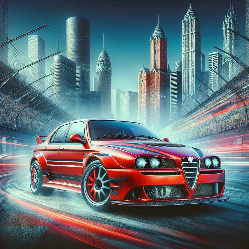 Crvena Alfa Romeo 146, dynamic angle, city backdrop, racing spirit essence.