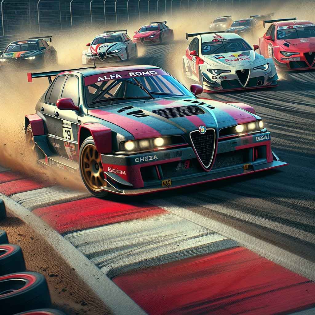 Alfa Romeo 155 V6 TI, DTM utrka, dinamična akcija, prepoznatljive boje, žestoka konkurencija.