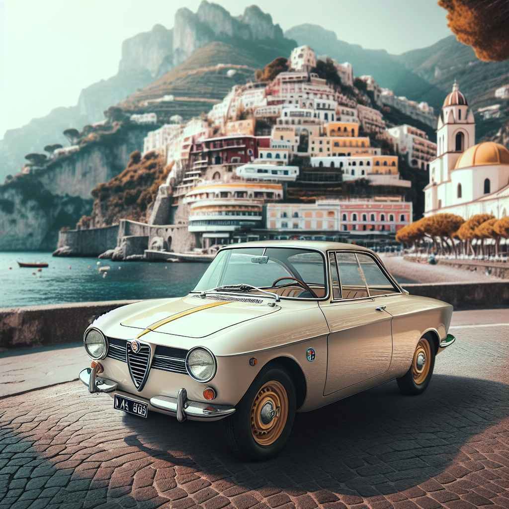Alfa Romeo 2000 parkirana na slikovitoj obali Amalfija, talijanski dizajn iz 60-ih u fokusu.