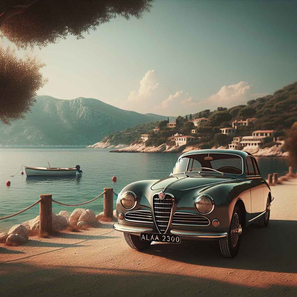 Alfa Romeo 2300 parkiran uz slikovitu obalu, ikoničan dizajn, simbol elegancije i stila dvadesetog stoljeća.