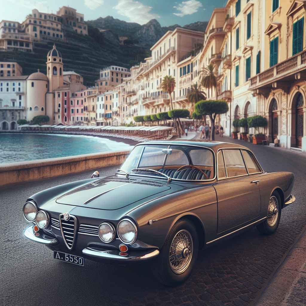 Alfa Romeo 2600 parkiran s pogledom na historijsku arhitekturu ili rivijeru, odražavajući eleganciju talijanskog dizajna 60-ih.