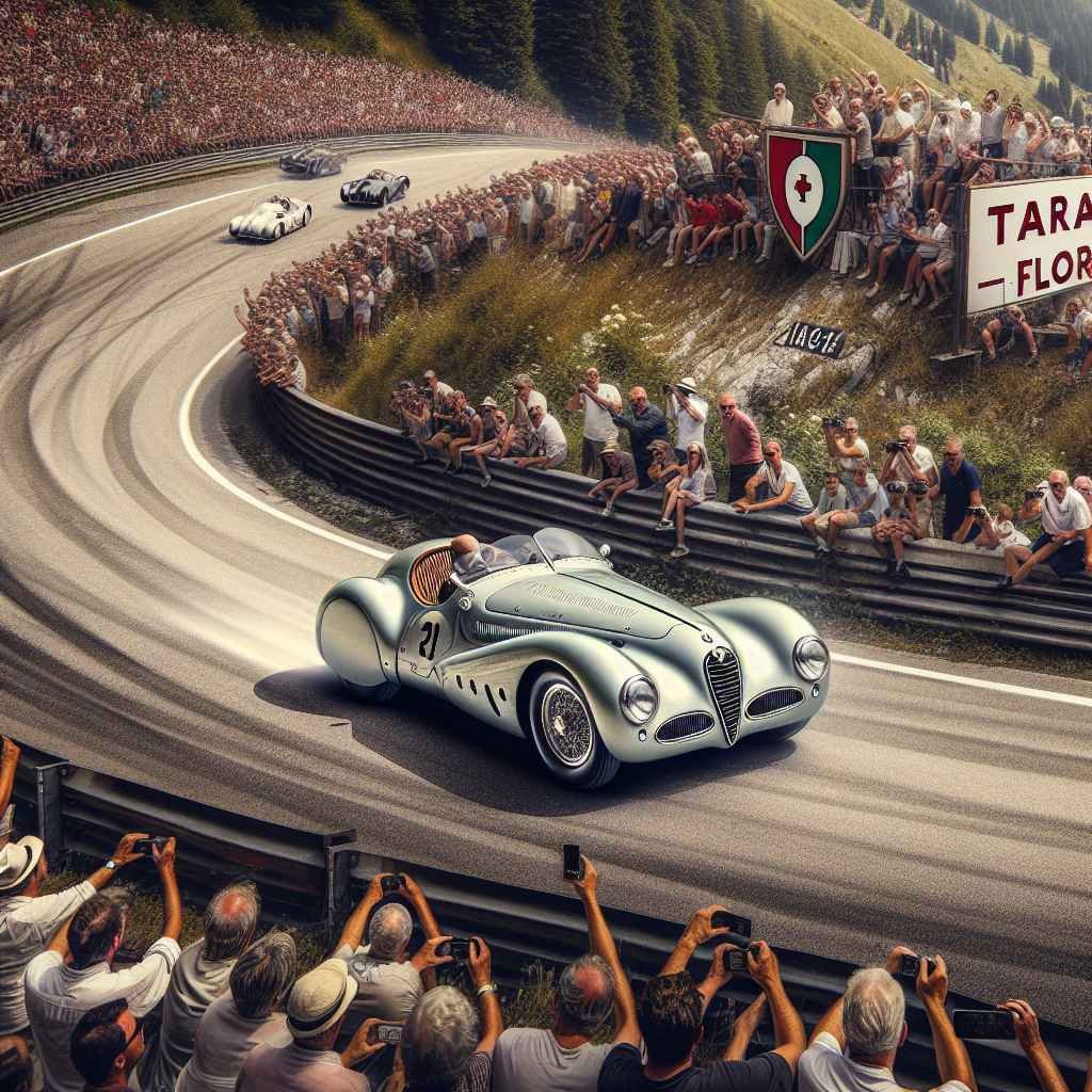 Alfa Romeo 6C elegantno klizi Targa Florio utrkom, zavojita cesta, oduševljena gomila gleda.