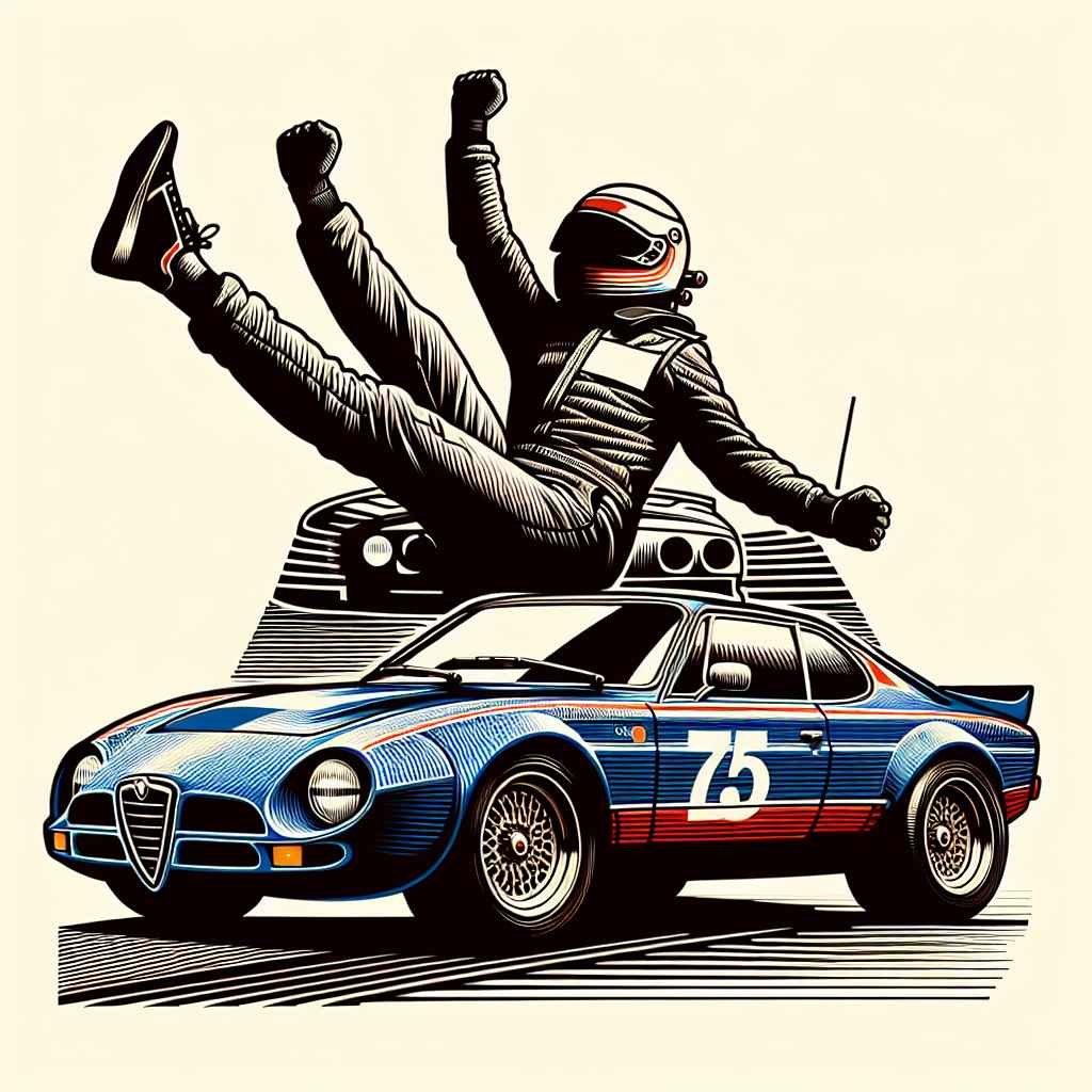 Alfa Romeo 75 na legendarnoj pozi trkaćeg slavlja, ikonična silueta, dinamičan dizajn, sportsko naslijeđe.