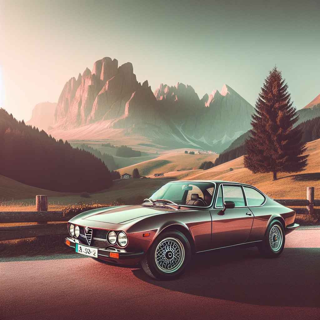 Alfa Romeo GTV 6 parkiran uz slikoviti pejzaž, izdvaja se klasičnim dizajnom i sportskim stavom.