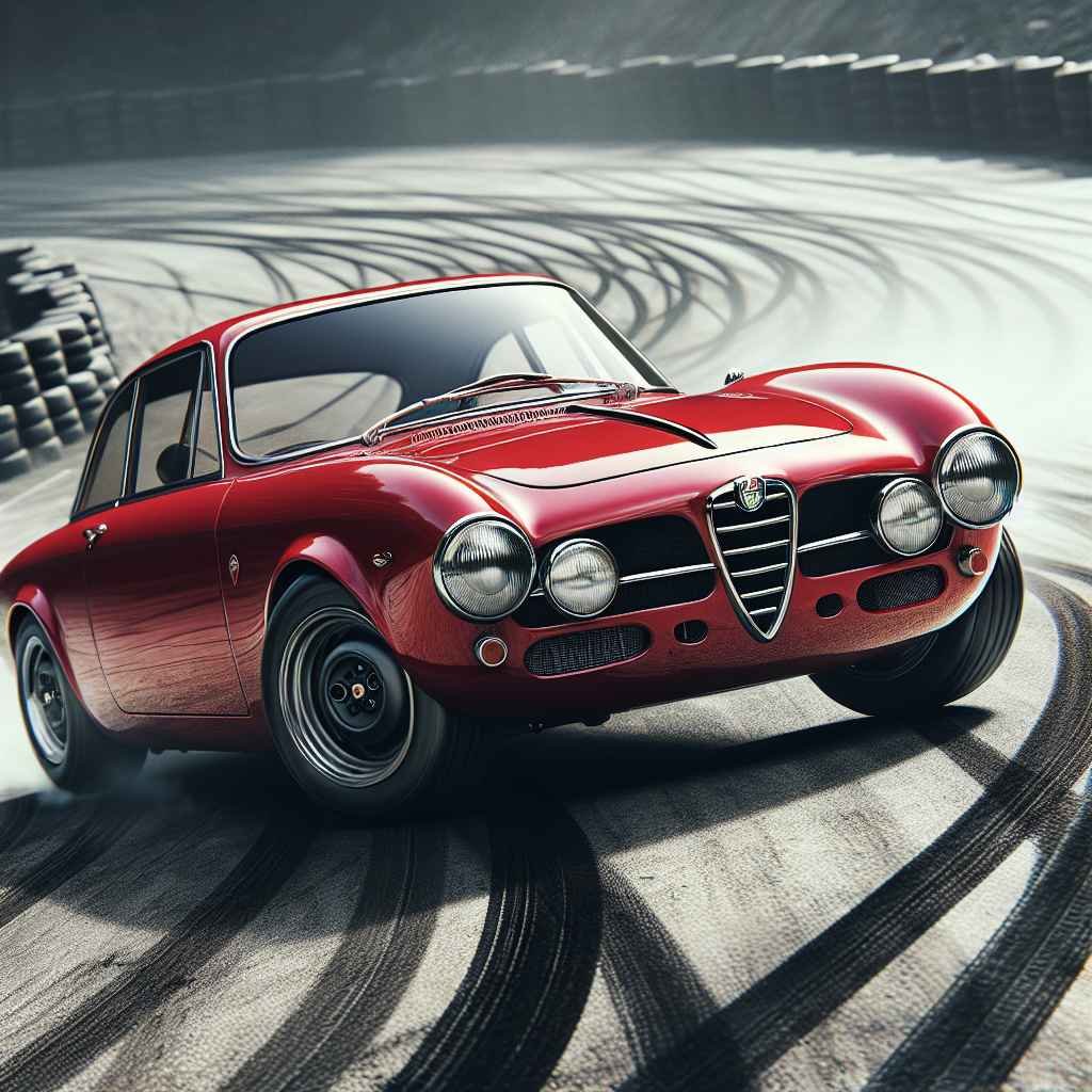 Crvena Alfa Romeo Giulietta (116) klizi zavoju na trkaćoj stazi, klasičan sportski izgled.