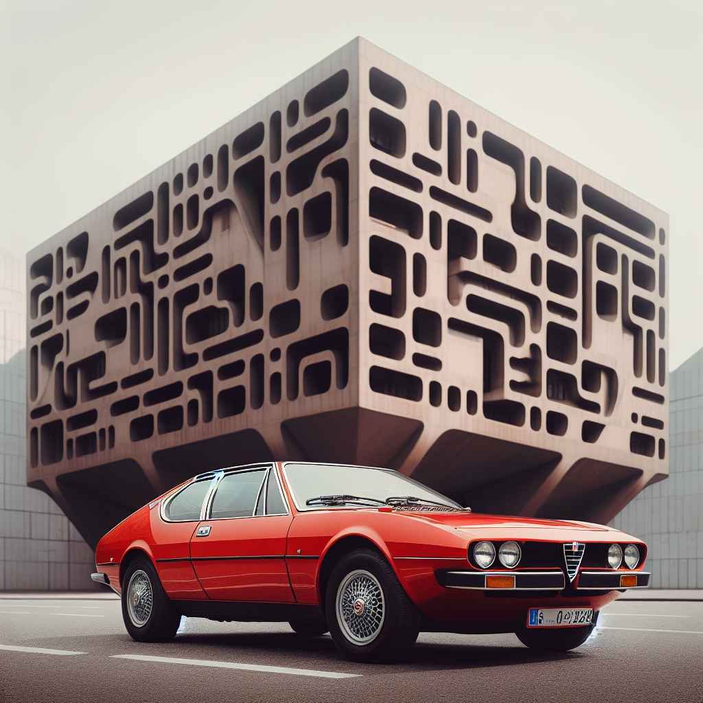 Alfa Romeo Montreal, crvena boja, stilski parkiran ispred moderne arhitekture, ističe dizajn 70-ih.