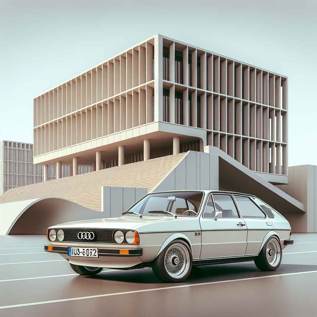 Audi 100 (C1 C2) na slici, čistih linija, parkiran uz modernu arhitekturu, oslikava progresivni dizajn 70-ih.