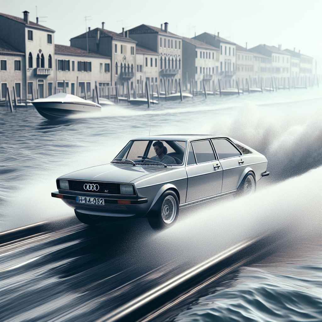 Audi 100 (C3 C4) plovi vodom, demonstrirajući svoju aerodinamičnost i niski koeficijent otpora zraka.
