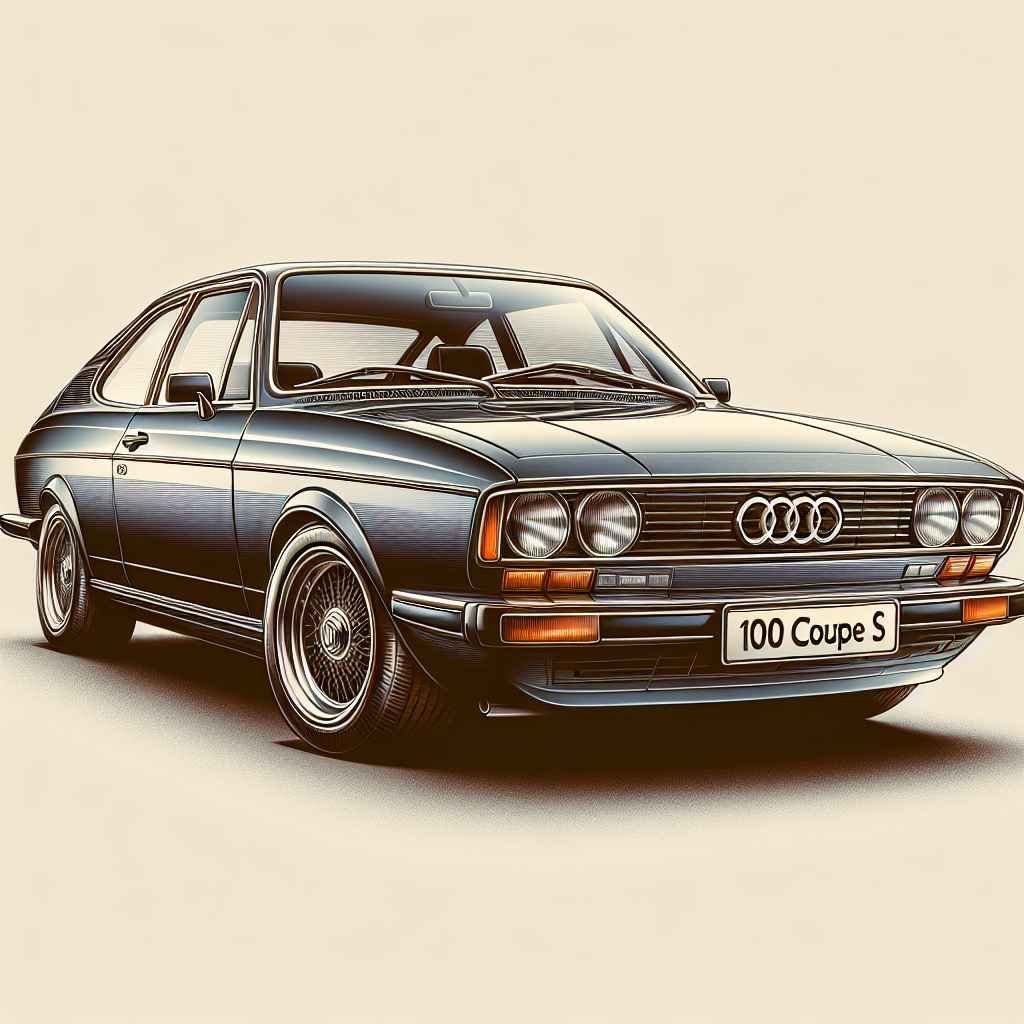 Audi 100 Coupe S na prepoznatljivoj slici elegantan, klasičan dizajn, nizak profil, obično u pokretu ili na sajmu automobila.