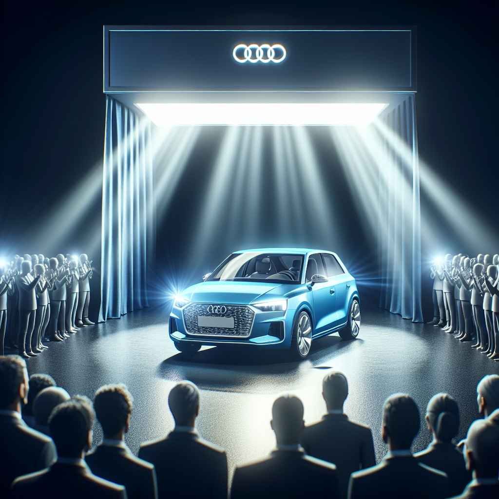 Audi 50 na sajmu automobila, kompaktni, plavi, prvi put predstavljen, privlači pažnju, sjaj reflektora.