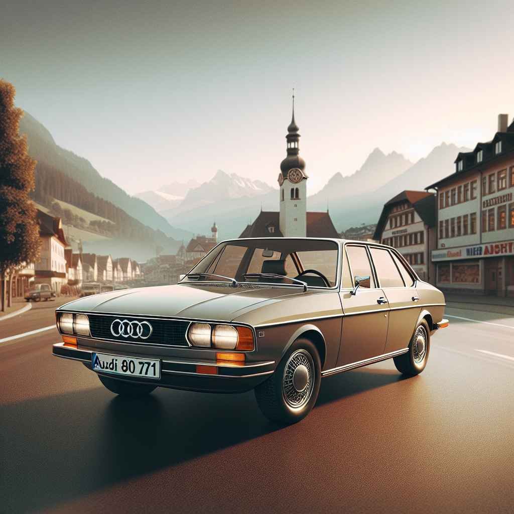 Audi 80 (B1) na staroj promidžbenoj slici, klasični sedan, elegancija sedamdesetih, čista linija, predstavništvo brenda.