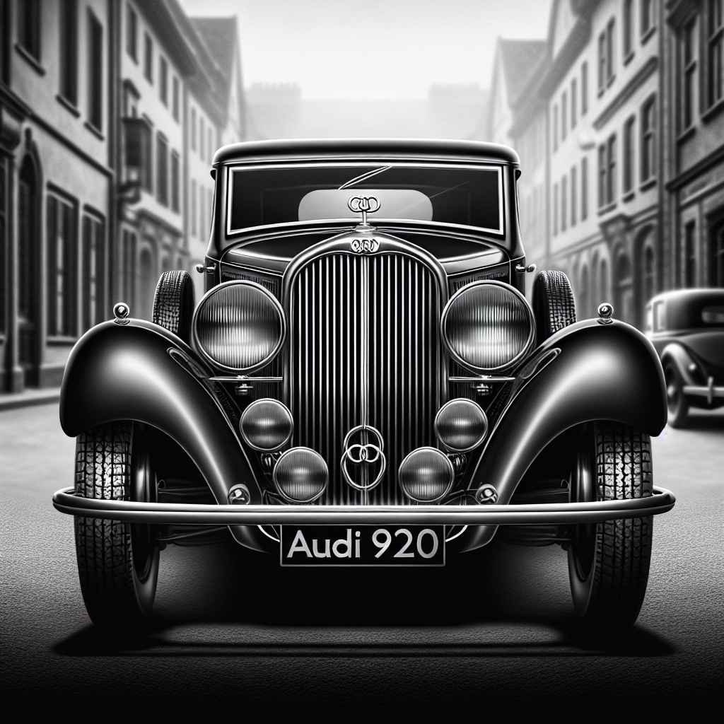 Audi 920 na elegantnoj crno-bijeloj fotografiji iz 1930-ih, klasičan dizajn, distinktivna rešetka hladnjaka.