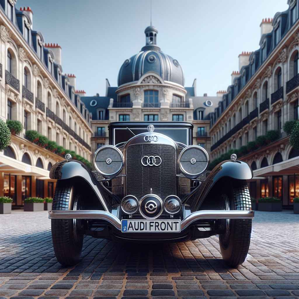 Audi Front, elegantno parkiran na trgu, prikazuje rano dizajn unikatnosti i luksuza, 1930-ih godina.
