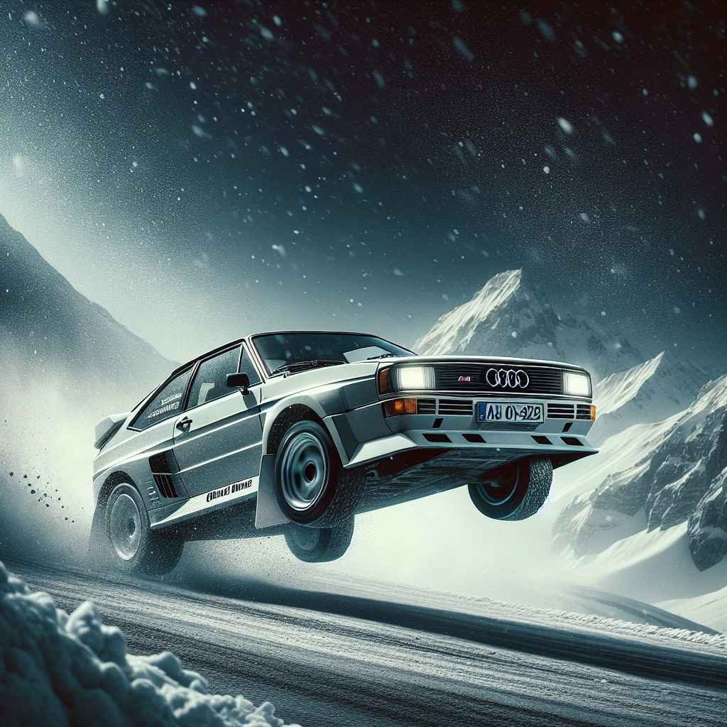 Audi Quattro Coupe (B2) u skoku na reliju, snijeg, dinamična, ikonična, sportski uspjeh.