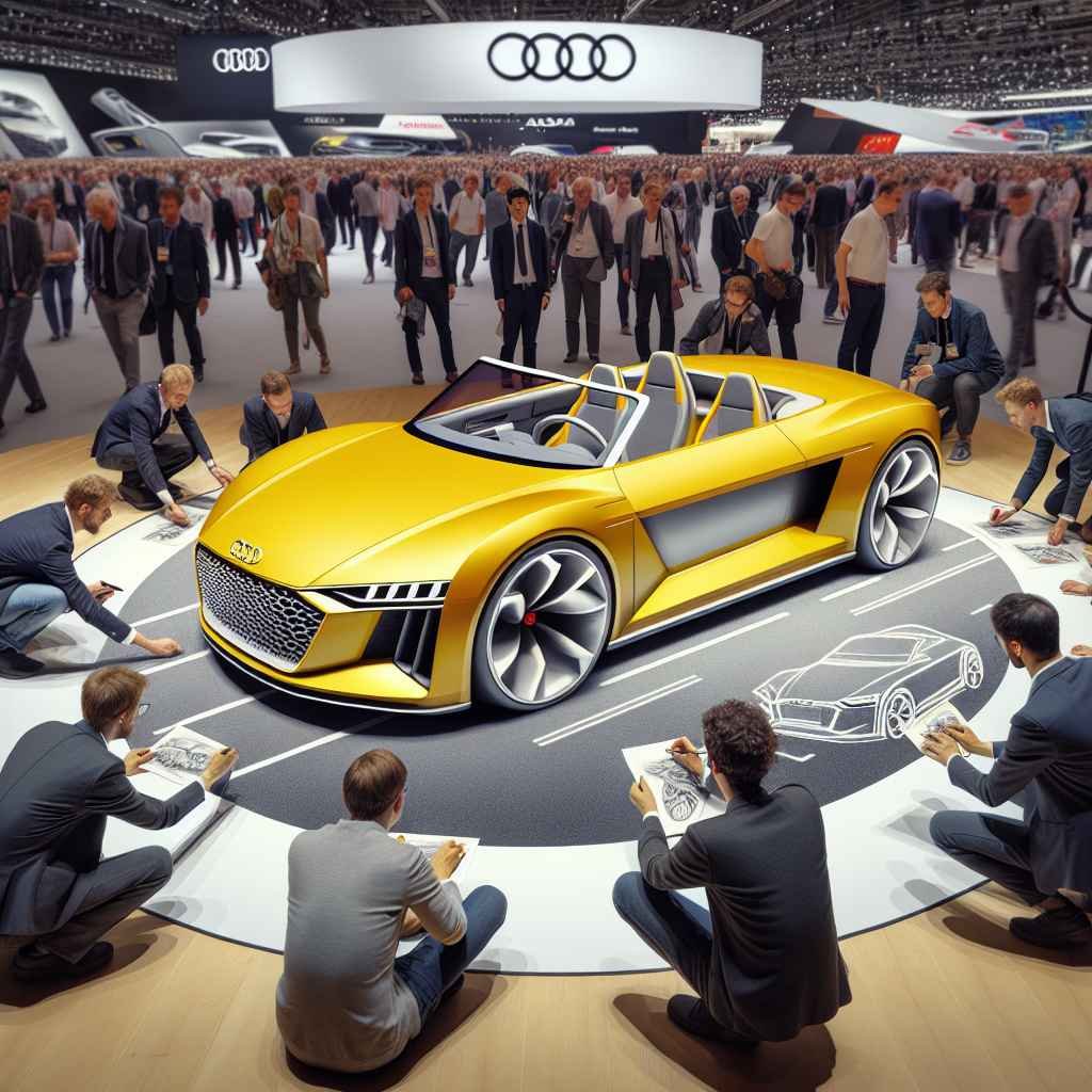 Audi Quattro Spyder, konceptno vozilo, žuto, okruženo posjetiteljima, IAA Frankfurt Motor Show, inovativni dizajn, 1991. godine.