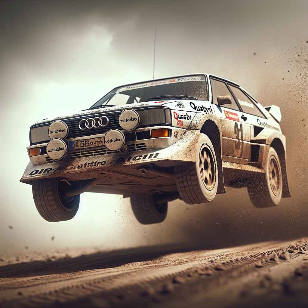Audi Quattro (Ur-Quattro) u zračnom skoku tijekom rallyja, prljavština, brzina, ikonični B-grupa natjecatelj.