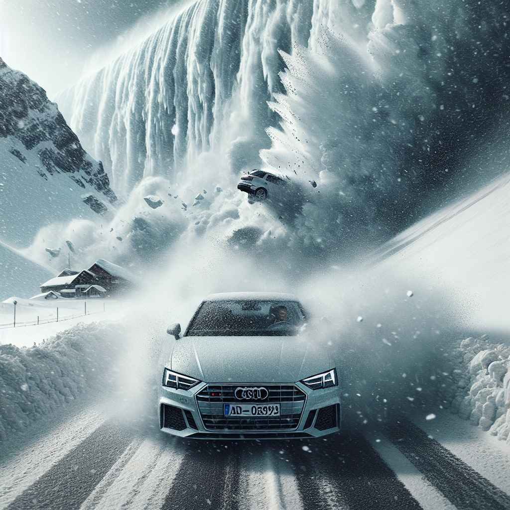 Audi S2 bijeg od lavine, snijeg, gorska cesta, poznata drama, moć prirode i automobila.