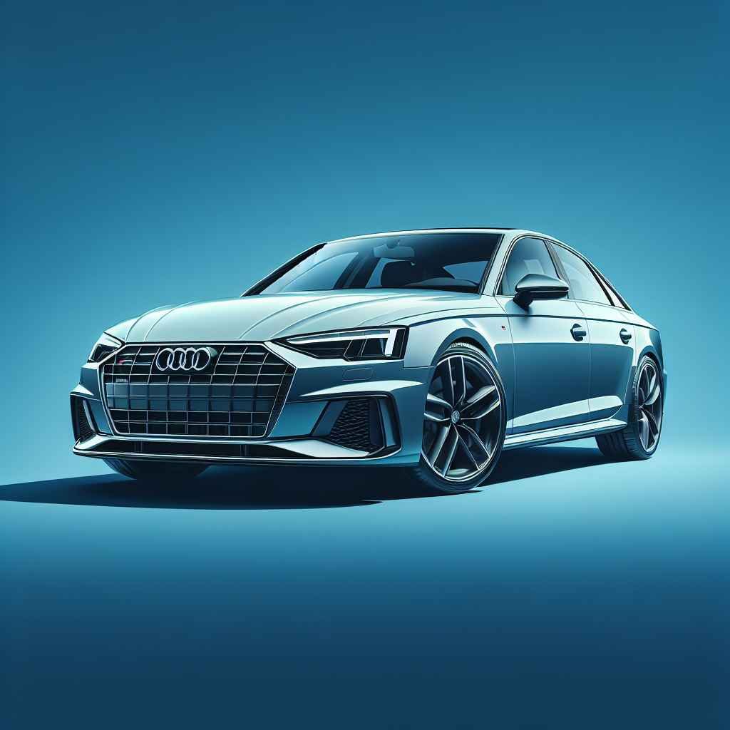 Audi S4 (B5 B6) na sinje-plavoj pozadini, čiste linije, jaka prisutnost, ikonični sportski sedan.