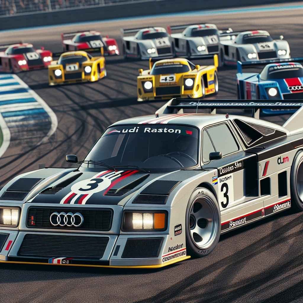 Audi V8 (D1) na trkaćoj stazi, grupa B, okružen konkurencijom, dinamičan, sportski izgled.