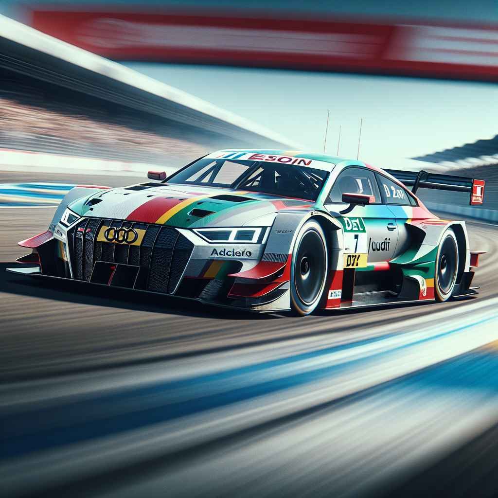 Audi V8 Quattro (D1) u akciji DTM utrke, agresivno skreće, dinamičan pokret, trkačka staza, natjecateljske boje.