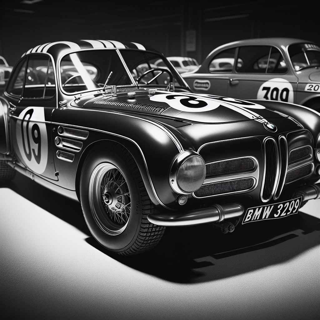 BMW 319 retro automobil, klasičan dizajn, stariji model, elegancija, crno-bijelo fotografiranje, vintage trkačka estetika.