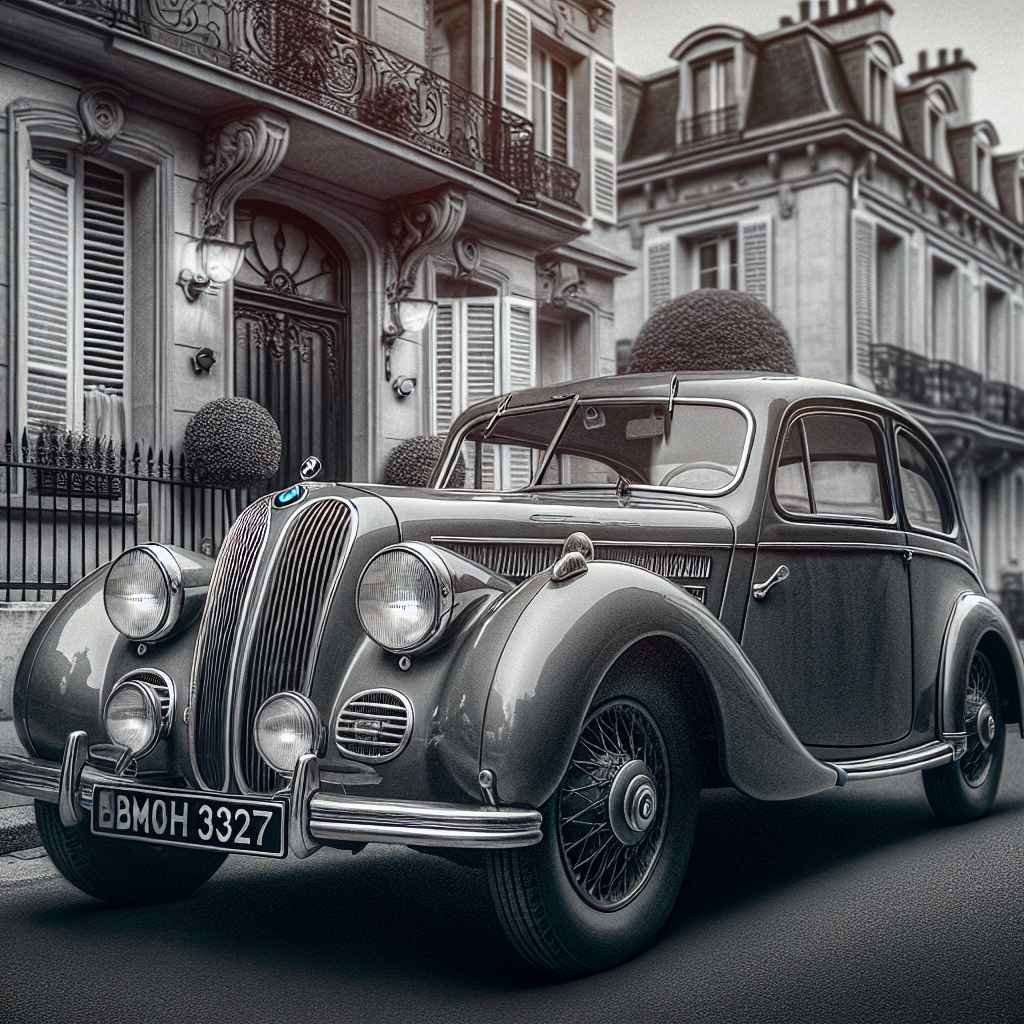 BMW 327 elegantno parkiran, klasičan dizajn, vintage šarm, zrači starinskom luksuznošću, crno-bijeli filter.