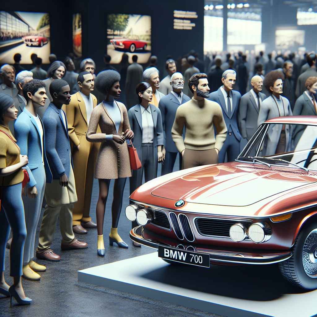BMW 700 parkiran na auto salonu, okružen posjetiteljima, klasičan dizajn odražava doba.