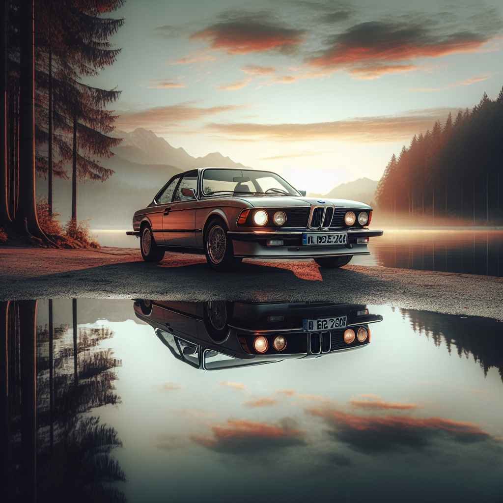 BMW E24 6 Series parkiran uz jezero, odsjaj zalaska sunca na karoseriji.