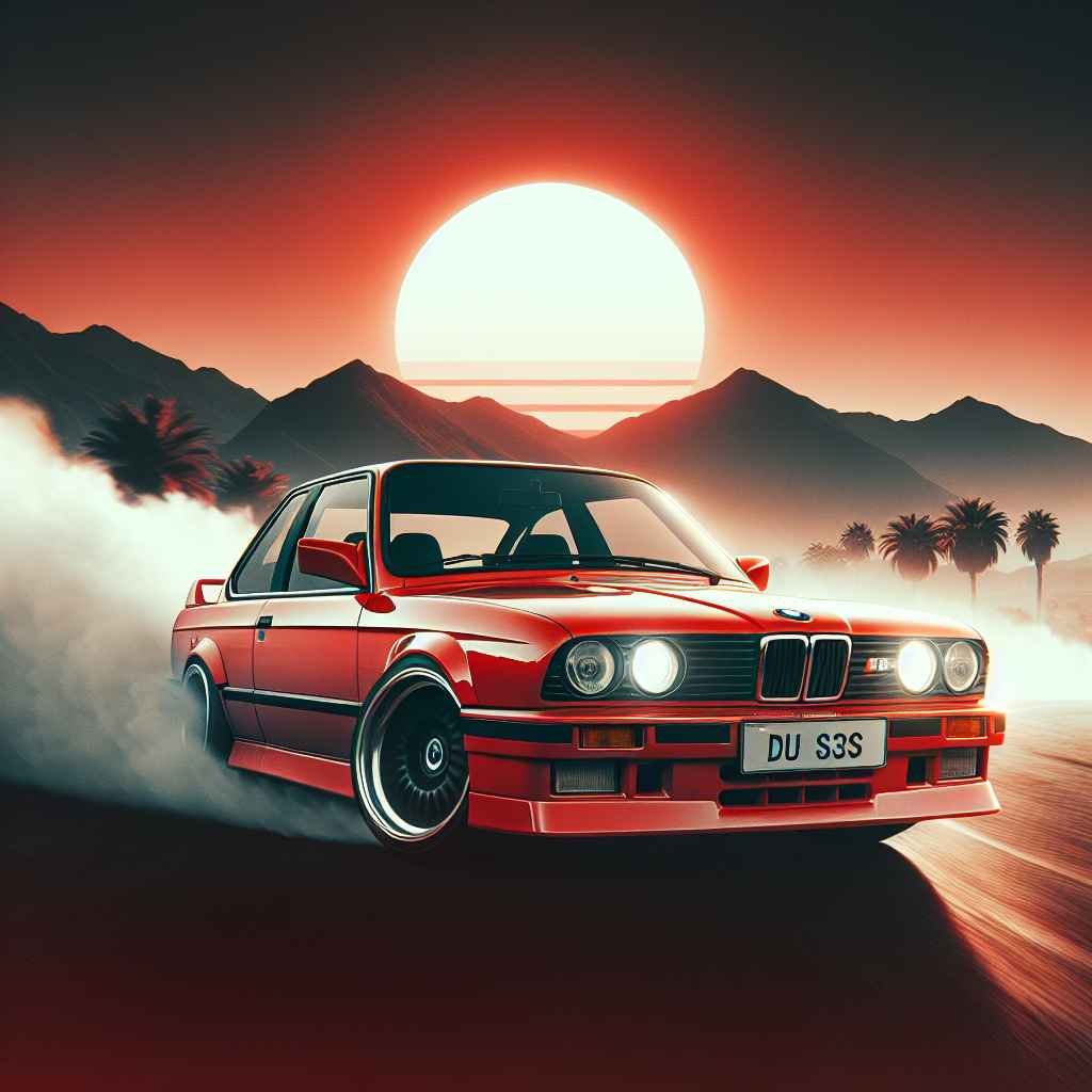BMW E30 3 Series, crveni, driftanje u zavoju, dinamičan, ikona 80-ih, sportski izgled.