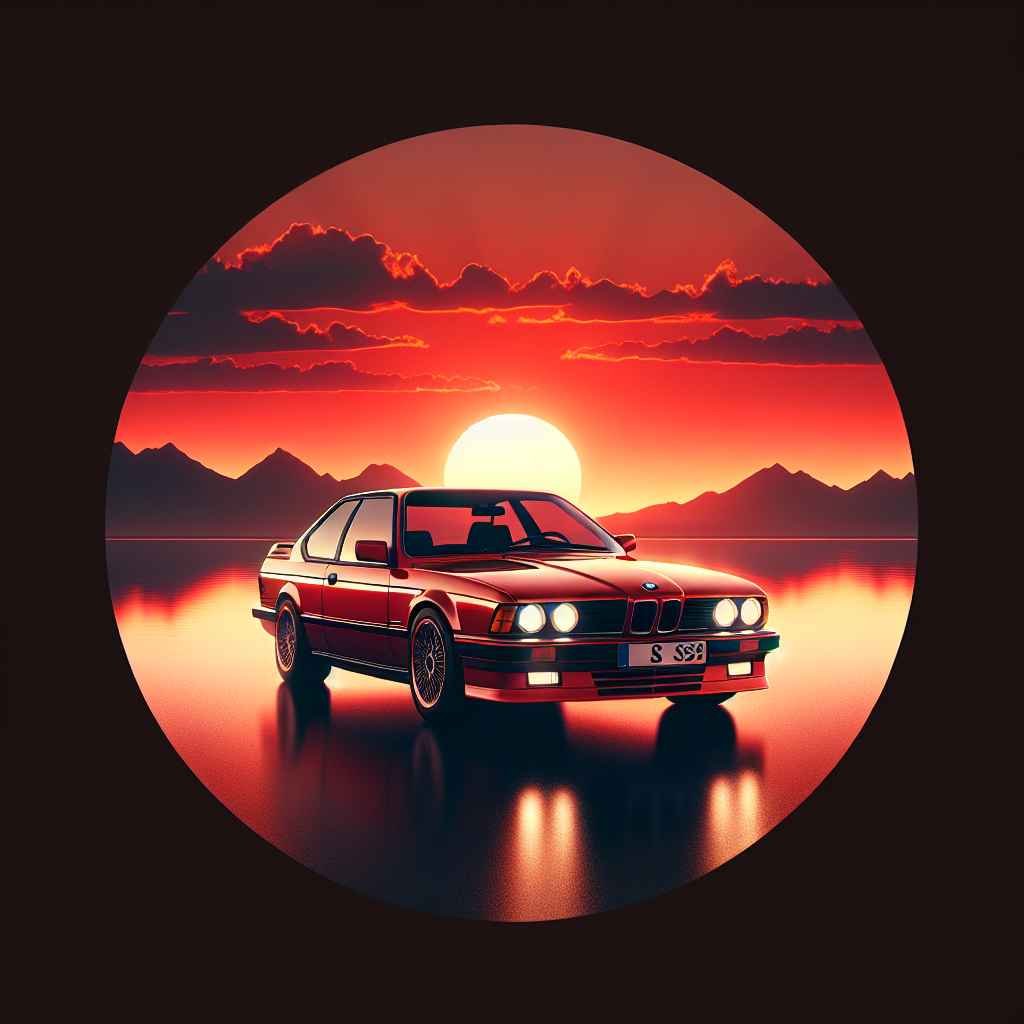 BMW E31 8 Series crvena silueta s elegantnim linijama, parkirana uz zalazak sunca, reflektira sportski prestiž.