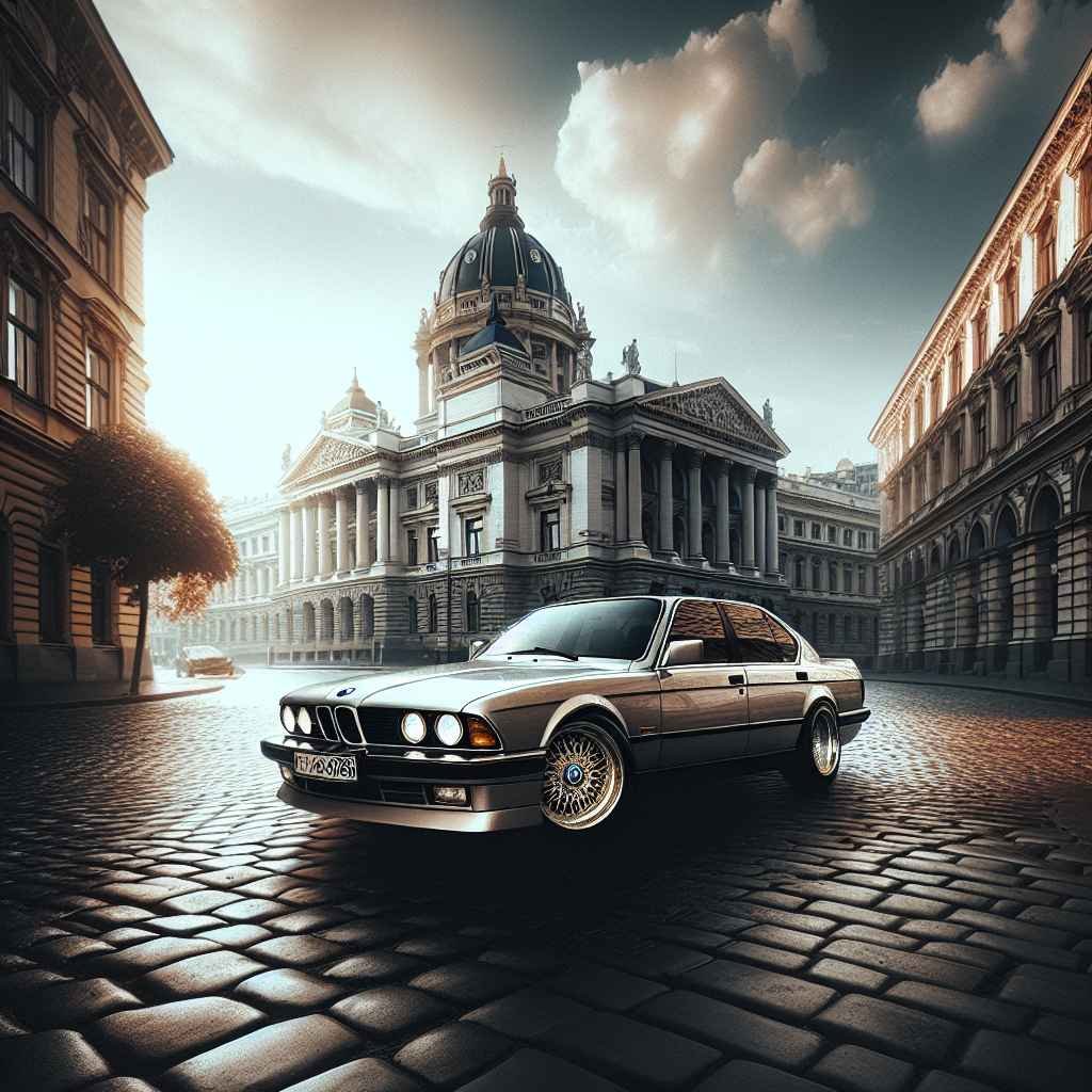 BMW E32 7 Series parkiran ispred stare građevine, moćan i elegantan izgled, simbol luksuza devedesetih.