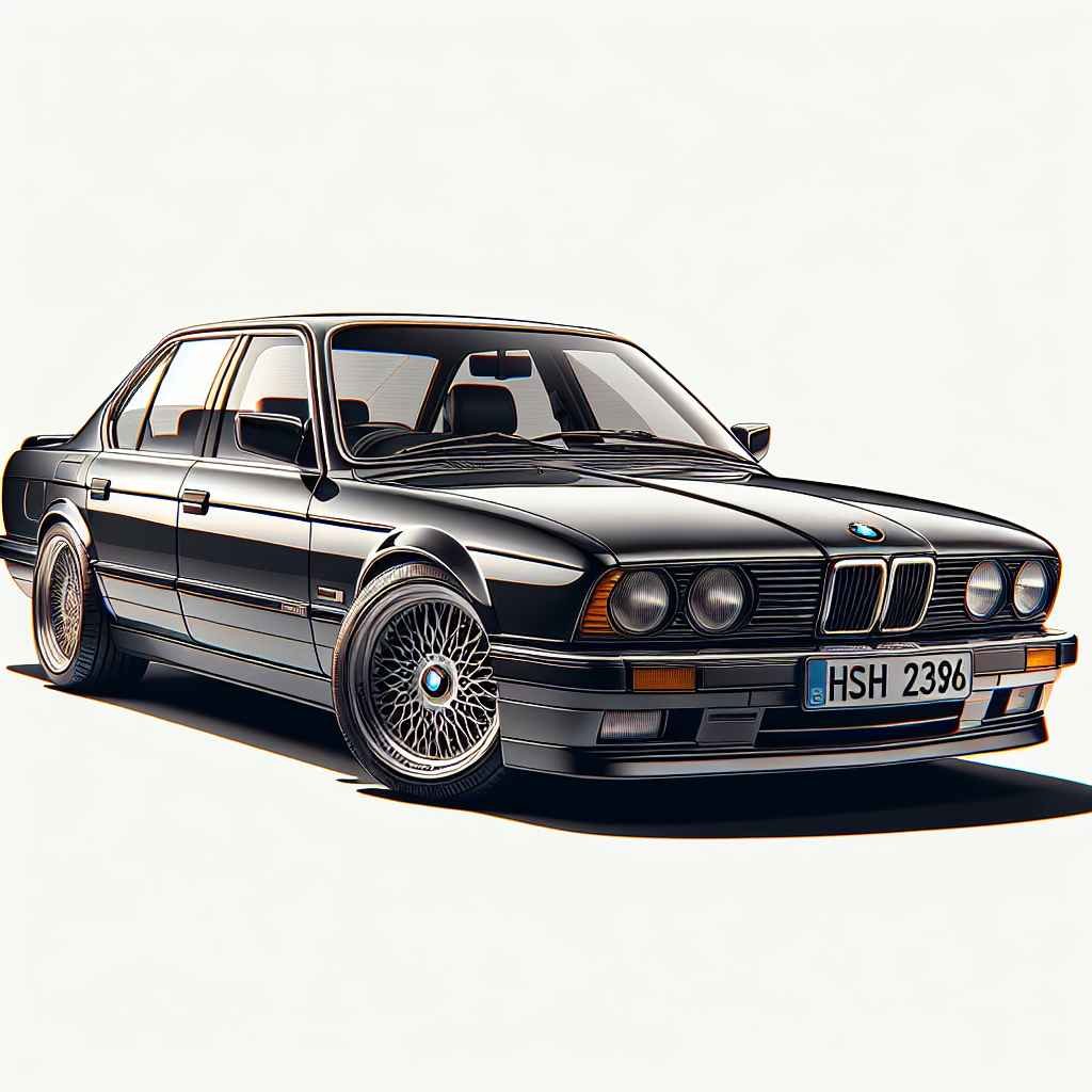 BMW E34 5 Series parkiran, kultni klasični dizajn, simbol statusa i kvalitete, ikonična luksuzna limuzina.