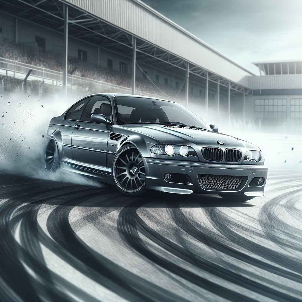 BMW E46 3 Series, sivi, drift na stazi, dinamičan, sportski dojam, zadnji pogon ističe se.