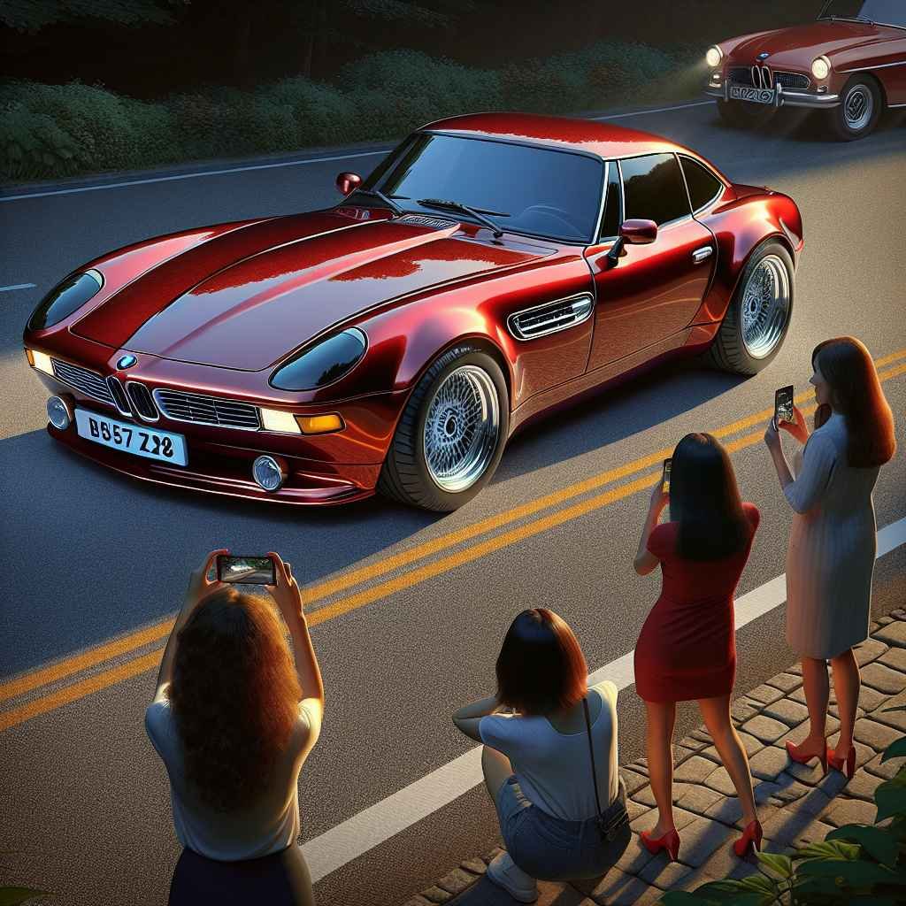 BMW E52 Z8 crveni, profil, metalik sjaj, klasičan dizajn, cure uz cestu, ikonična poza, luksuz i elegancija.