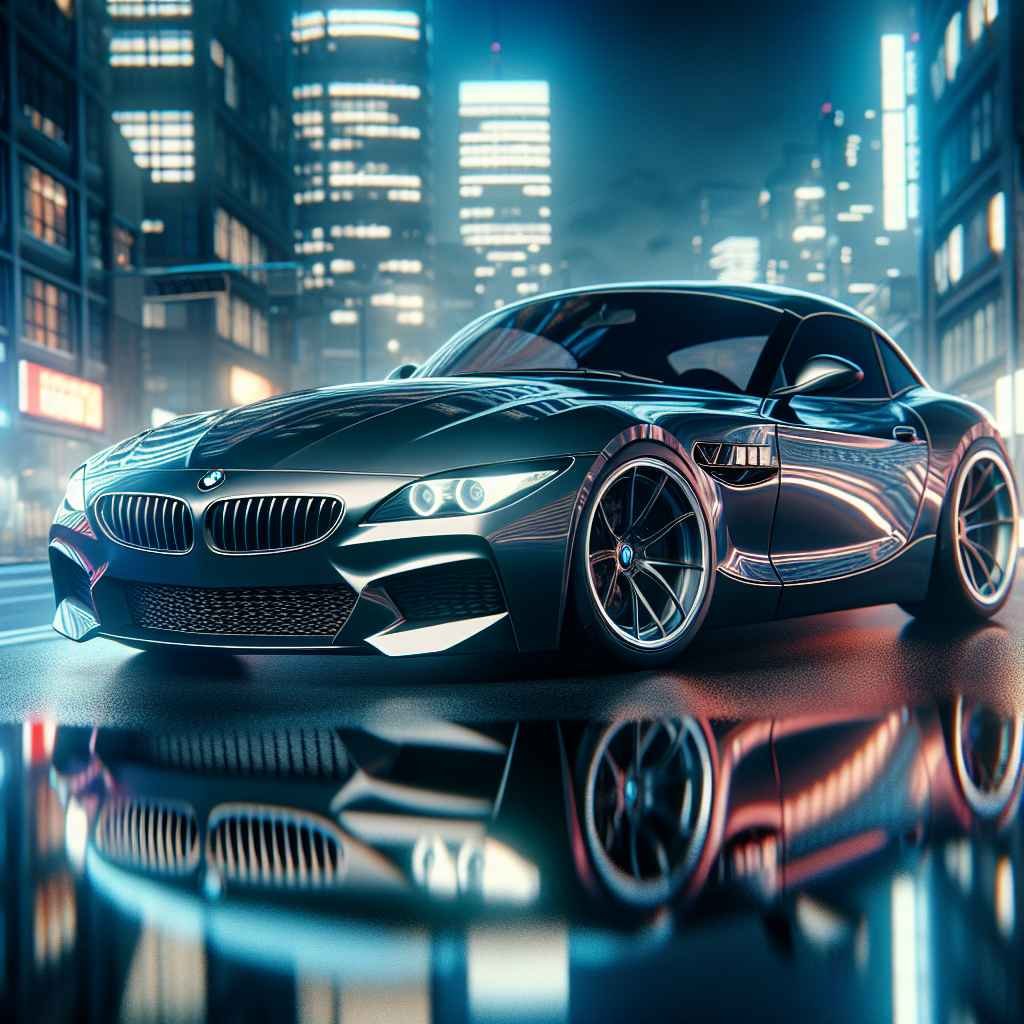 BMW E85 Z4, sjajno osvijetljen, elegantno parkiran, reflektira gradsku noćnu scenografiju na svom sjajnom karoseriji.
