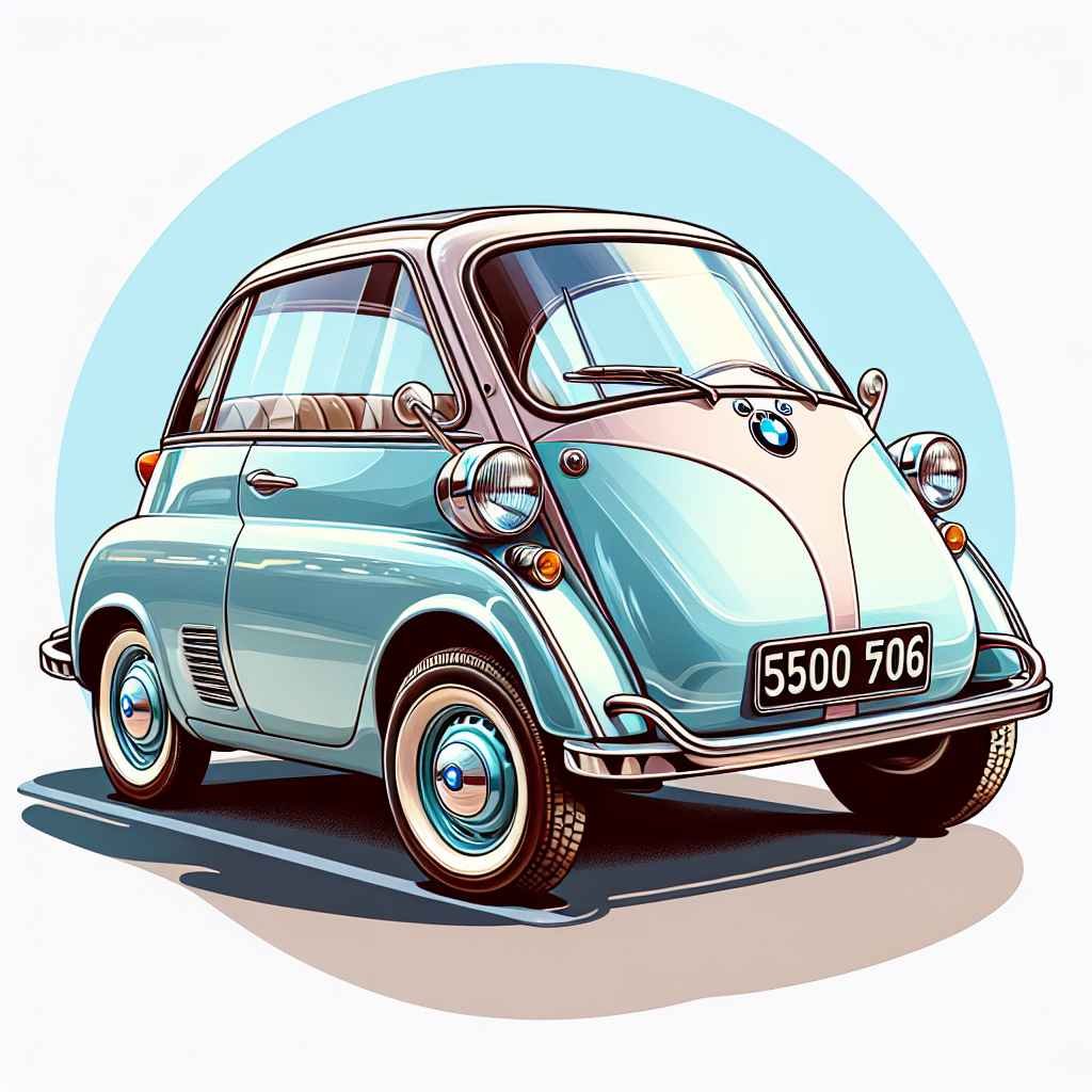 BMW Isetta parkirana s naprijed otvorenim jedinim vratima, karakterističnim zaobljenim oblikom, u pastelnoj boji.