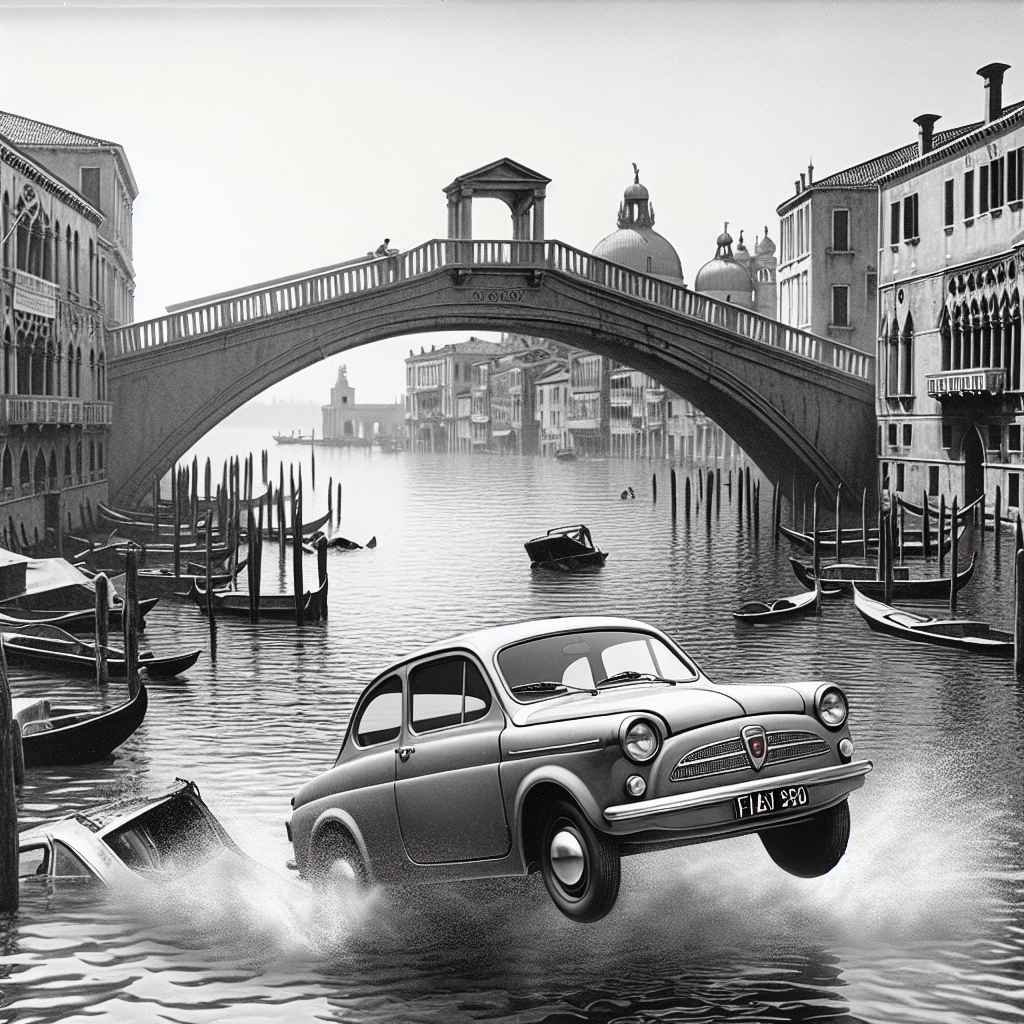 Fiat 1200 visi iznad vode 1958. Ponte dell'Accademia Venecija, nesreća, crno-bijela fotografija.
