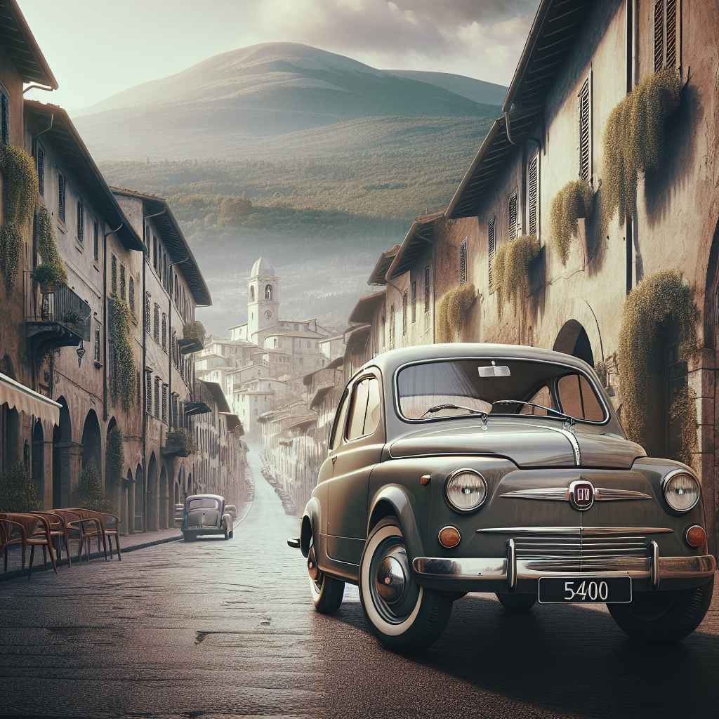 Fiat 1400 parkiran na slikovitoj talijanskoj ulici, zrači poslijeratni optimizam, automobilski šarm 1950-ih.