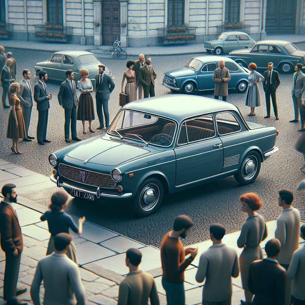 Fiat 2300, klasičan, elegantan, ljudi okupljeni oko parkiranog automobila, značka Fiat jasno vidljiva, stil 1960-ih.