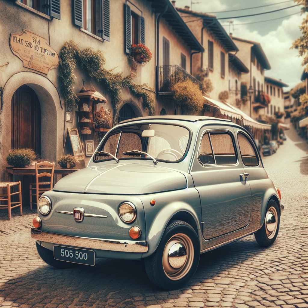 Fiat 500 Topolino na starinskoj slici, parkiran, ulični šarm, kompaktan dizajn, simbol talijanske automobilske povijesti.