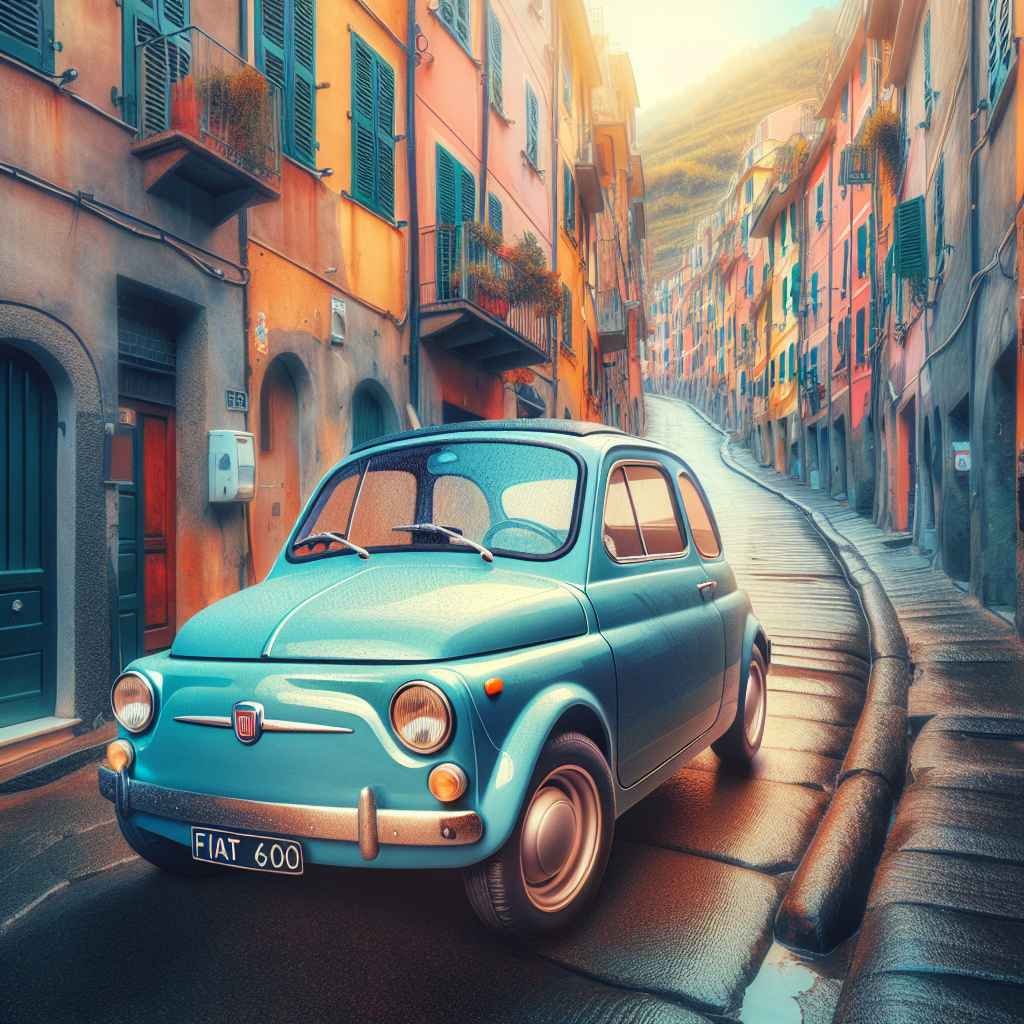 Fiat 600 parkiran na strmim, šarenim ulicama Cinque Terrea, Italija.