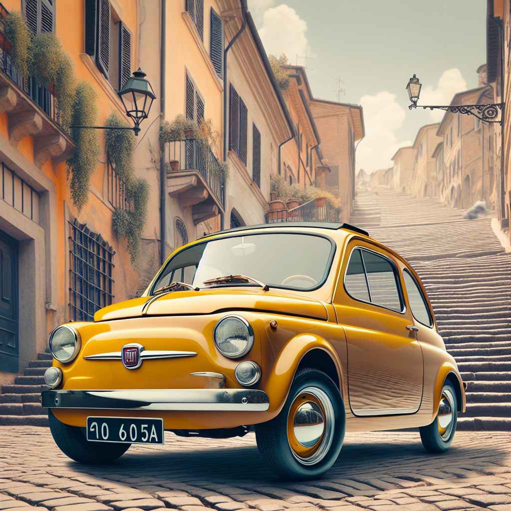 Fiat 600 Multipla parkiran na strmim stepenicama, šaren, simbolizira Italiju 50-ih.