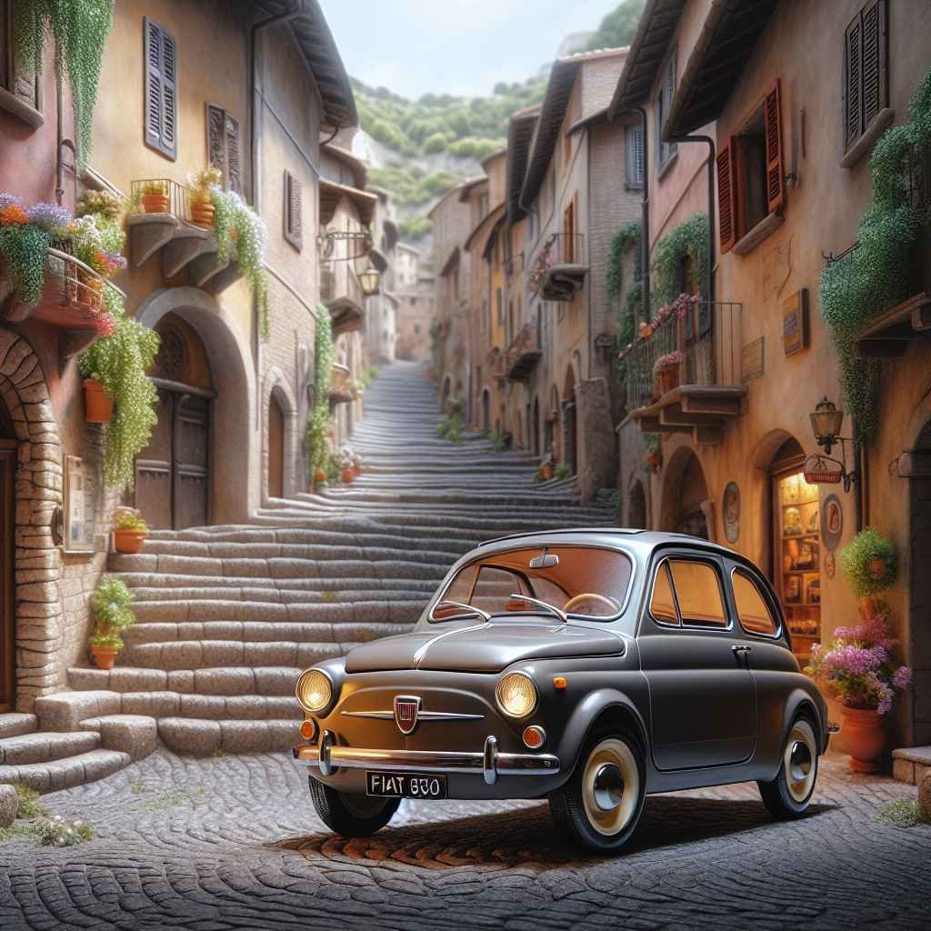 Fiat 850 parkiran na strmim ulicama talijanskog sela, slikovito okruženje, odiše šarmom stare Europe.