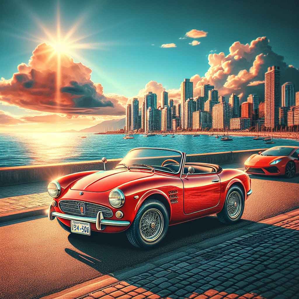 Fiat Barchetta u središtu, crvena, elegantno parkirana, osunčana obala, more u pozadini, simbol slobode i stila.