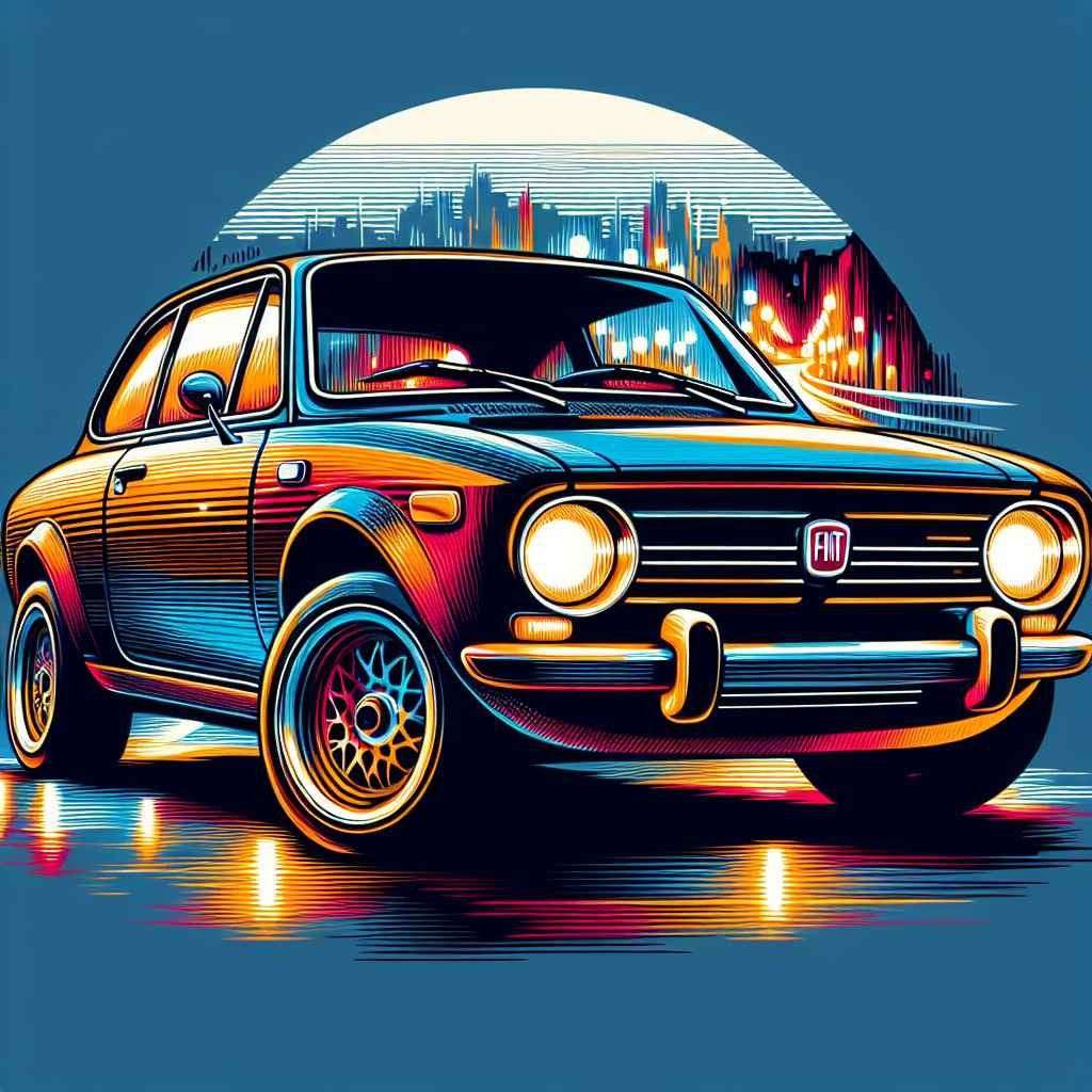 Fiat Coupe parkiran, živopisne boje, retro dizajn, široke gume, ikonična sportska silueta, automobilska elegancija.