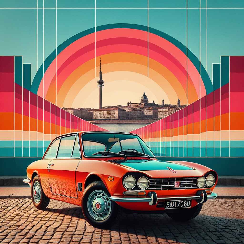 Fiat Dino parkiran, klasičan dizajn, živopisne boje, šezdesete estetika, značajna automobilska ikona.
