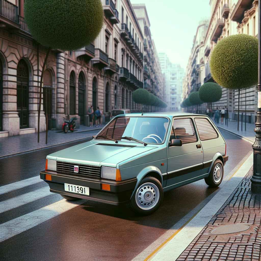 Fiat Punto (Mk1) u gradu, prepoznatljiv dizajn, kompaktan, kultni gradski automobil, osamdesete/devedesete godine, jednostavan i šarmantan.