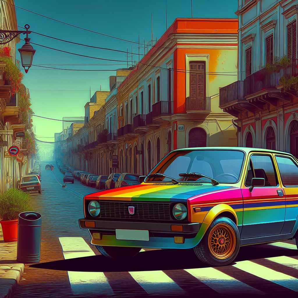 Fiat Ritmo Strada parkiran, ikonična ulica iz 1980-ih, šareni dizajn automobila, urbana scena, prepoznatljiva silueta talijanskog hatchbacka.