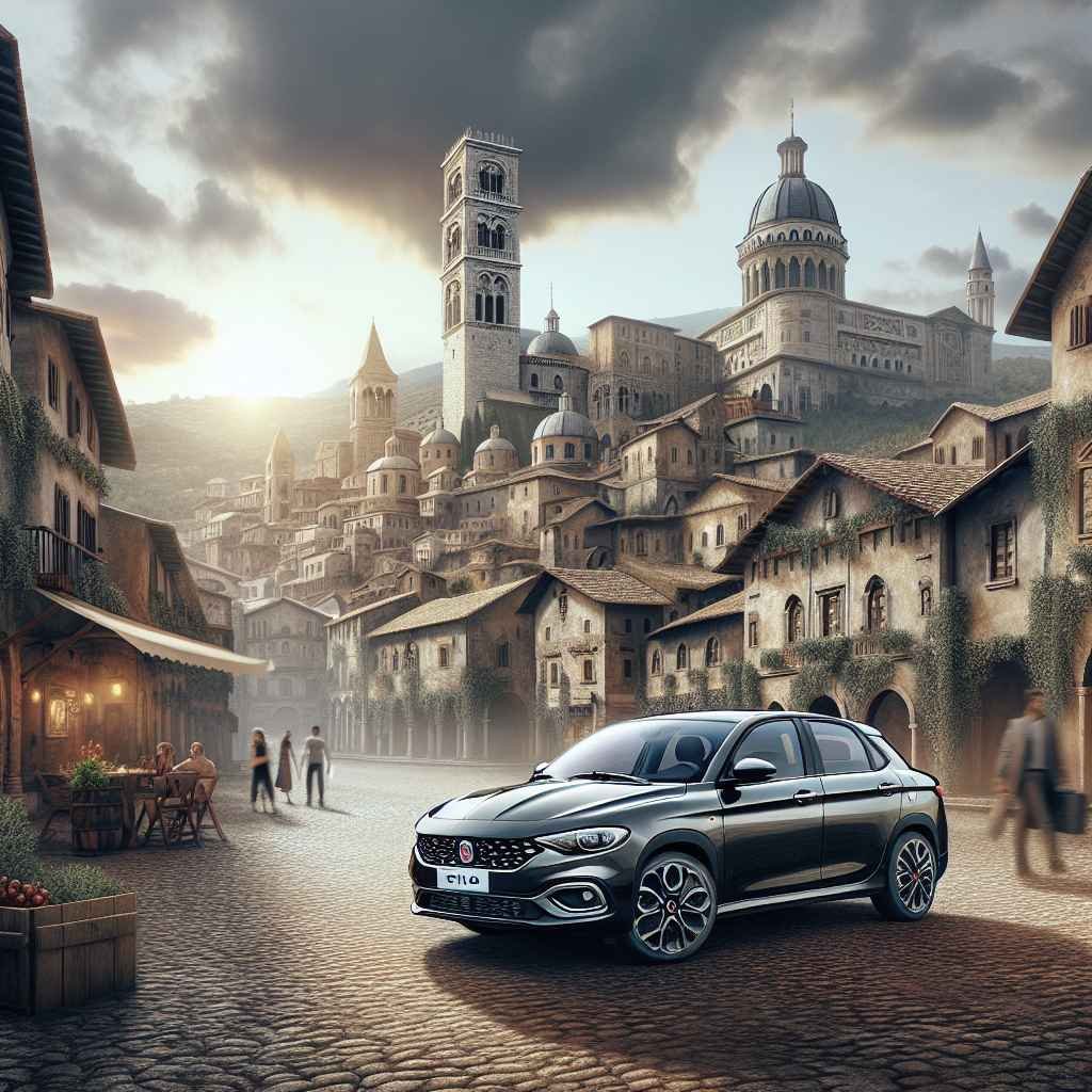 Fiat Stilo parkiran u povijesnom europskom gradu, starom arhitekturom, živopisnim ulicama, možda promocija ili test vožnja.